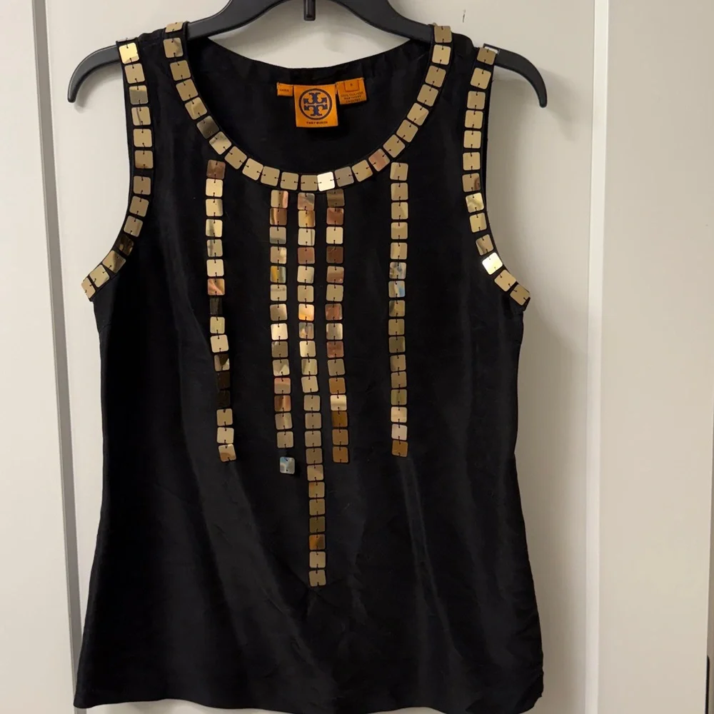 Tory Burch Sleeveless Black Silk Blouse Gold Paillettes 8 Festive Nite Out Party